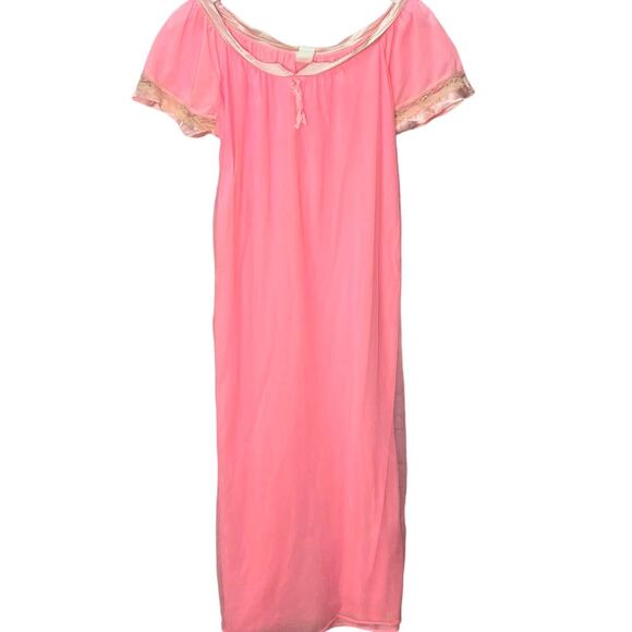 Vintage Julius Nylon Sheer Overlay Nightgown Pink Short Sleeve Size M 70s - Picture 1 of 9